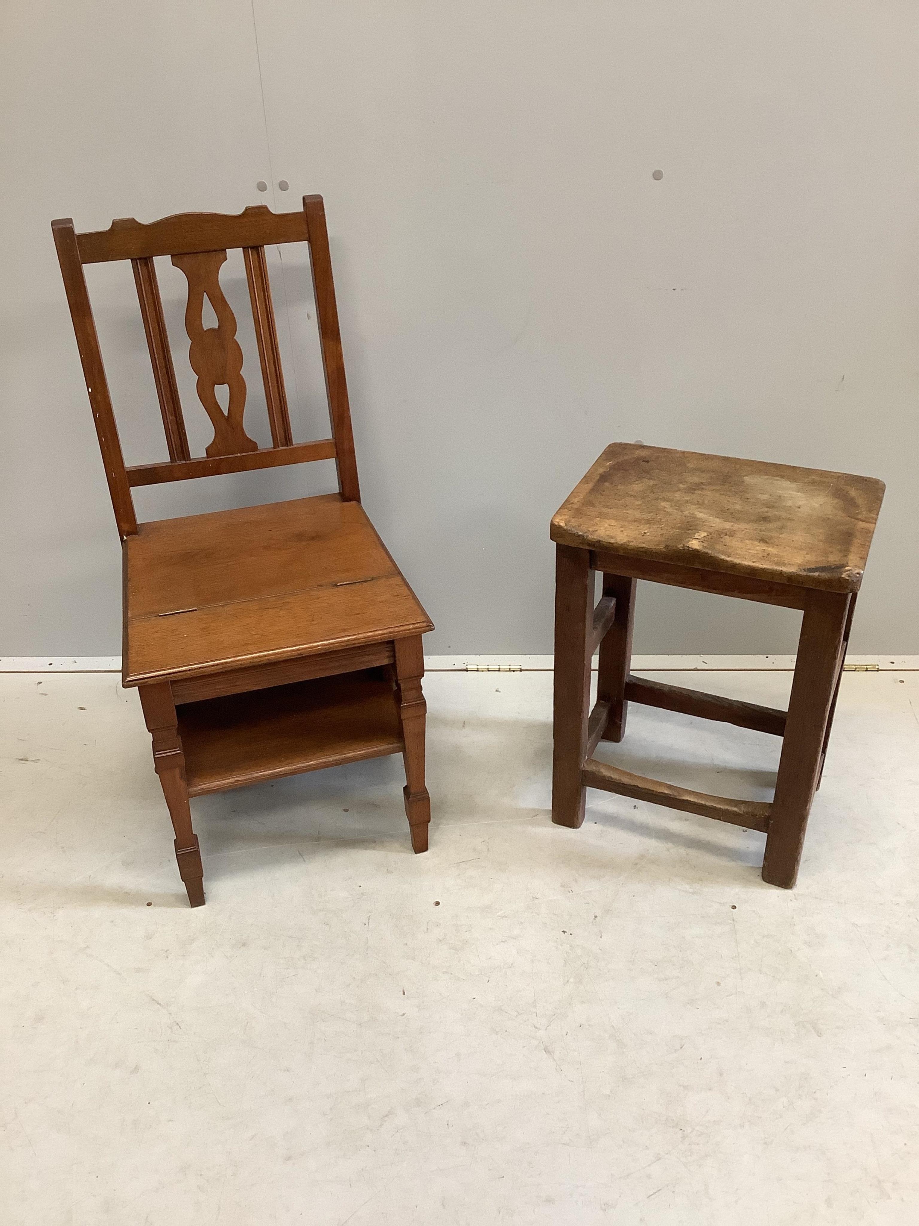 A late Victorian walnut metamorphic library chair together with a provincial fruitwood stool, Condition - fair to good